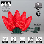 25 C9 Red Commercial LED Lights, Green Wire, 12-inch Spacing