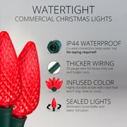 25 C9 Red Commercial LED Lights, Green Wire, 12-inch Spacing