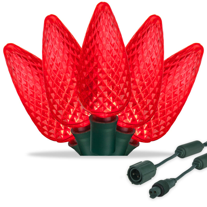 25 C9 Red Commercial LED Lights, Green Wire, 12-inch Spacing