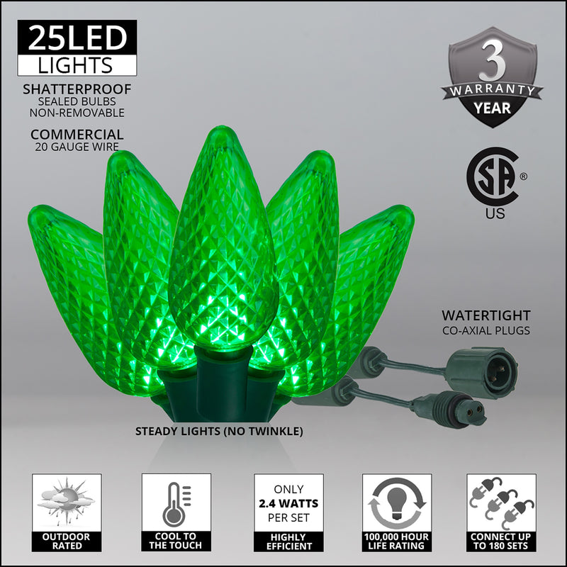 25 C9 Green Commercial LED Lights, Green Wire, 12-inch Spacing
