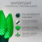 25 C9 Green Commercial LED Lights, Green Wire, 12-inch Spacing