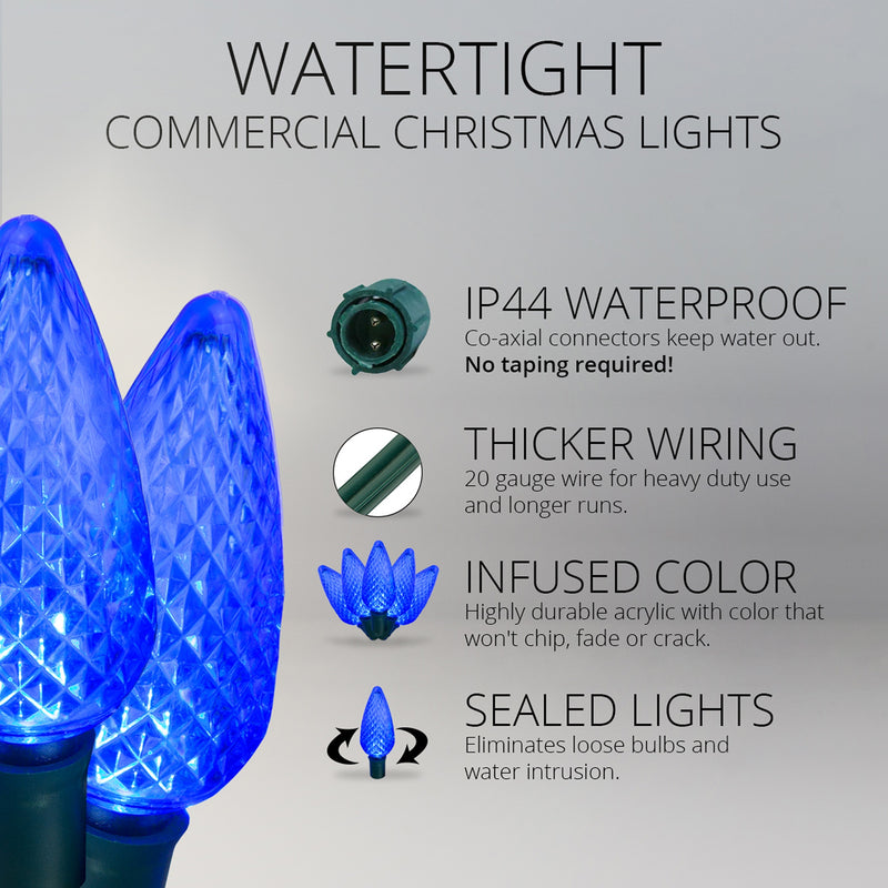 25 C9 Blue Commercial LED Light String, Green Wire, 12-inch Spacing
