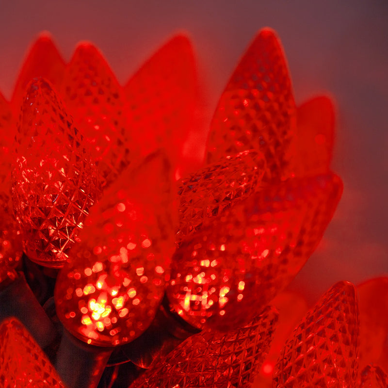 25 C9 Red Commercial LED Lights, Green Wire, 12-inch Spacing
