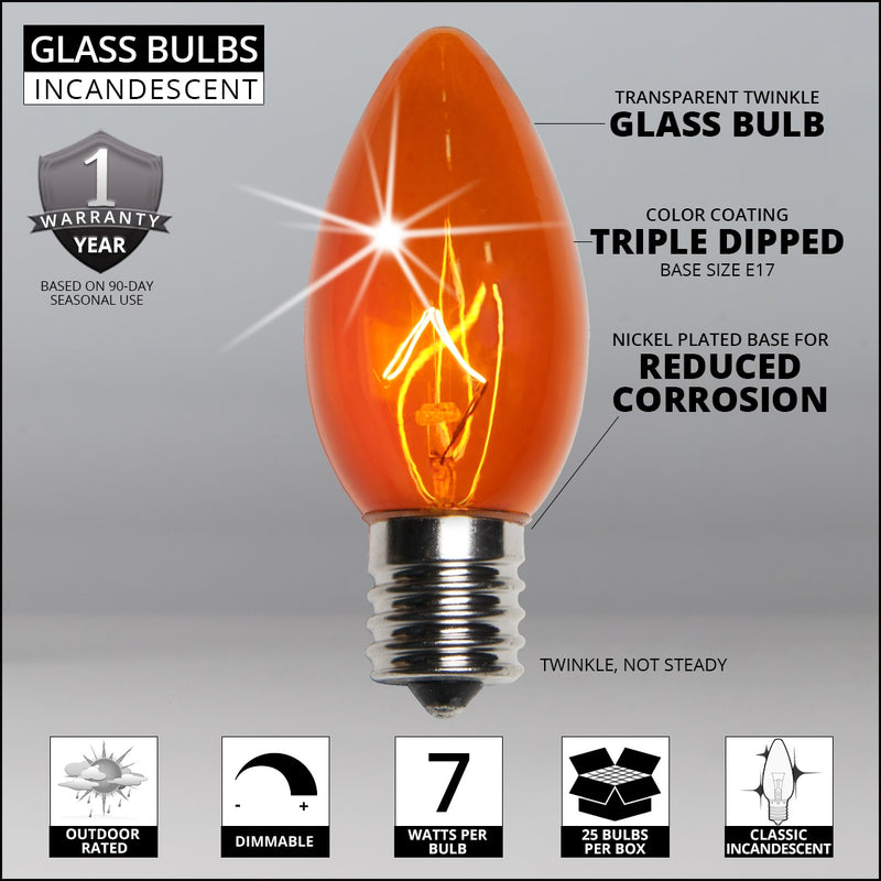 C9 Twinkle Amber / Orange Triple Dipped Transparent Bulbs
