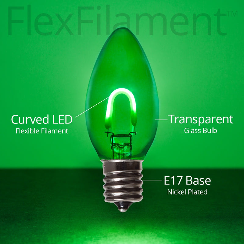 C9 Transparent Glass Green FlexFilament LED Bulbs