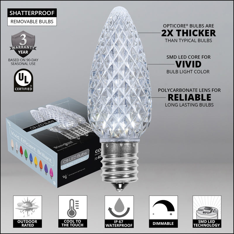 C9 Cool White OptiCore LED Bulbs, Box of 25