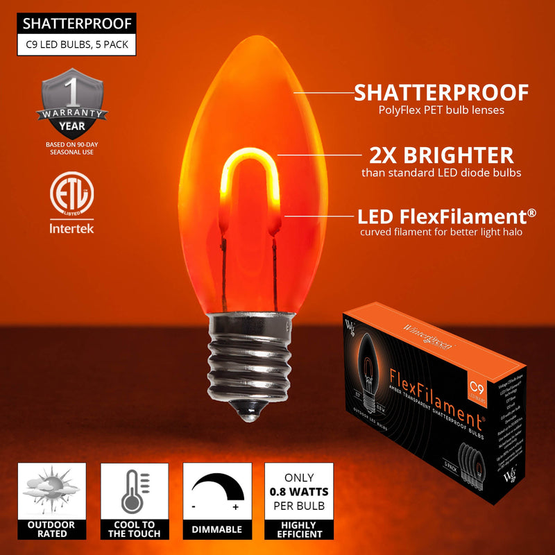 C9 Transparent Shatterproof Amber FlexFilament LED Bulbs