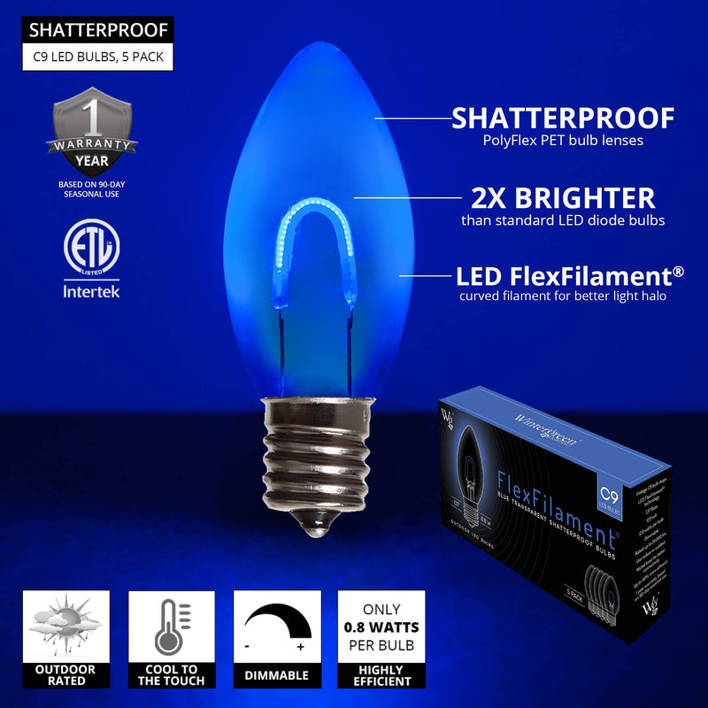 C9 Transparent Shatterproof Blue FlexFilament LED Bulbs