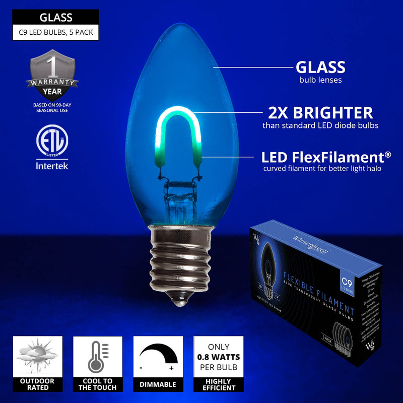 C9 Transparent Glass Blue FlexFilament LED Bulbs