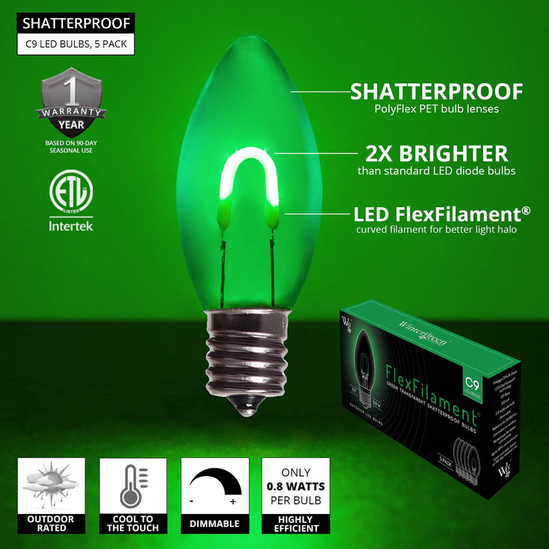 C9 Transparent Shatterproof Green FlexFilament LED Bulbs