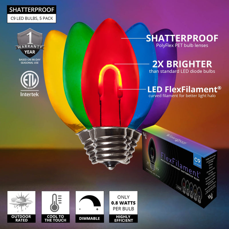 C9 Transparent Shatterproof Multicolor FlexFilament LED Bulbs