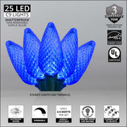 25 C9 Blue LED Christmas Lights, Green Wire, 8-inch Spacing
