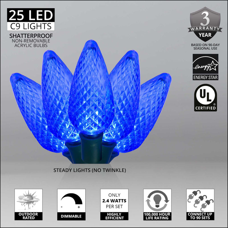 25 C9 Blue LED Christmas Lights, Green Wire, 8-inch Spacing