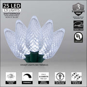 25 C9 Cool White LED Christmas Lights, Green Wire, 8-inch Spacing