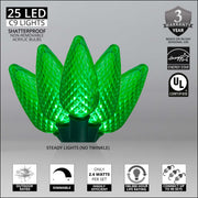 25 C9 Green LED Christmas Lights, Green Wire, 8-inch Spacing