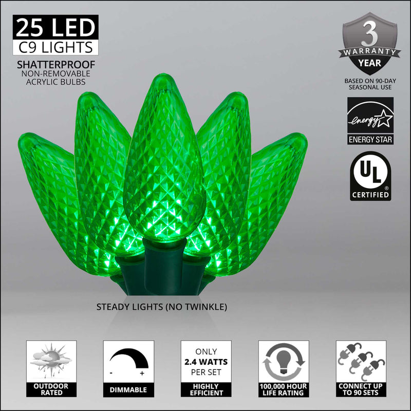 25 C9 Green LED Christmas Lights, Green Wire, 8-inch Spacing