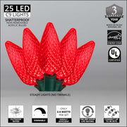 25 C9 Red LED Christmas Lights, Green Wire, 8-inch Spacing