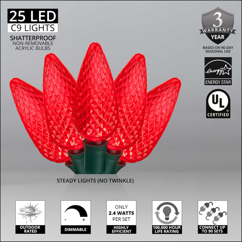 25 C9 Red LED Christmas Lights, Green Wire, 8-inch Spacing