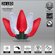 24 C9 Cool White, Red LED Christmas Lights, Green Wire, 8-inch Spacing