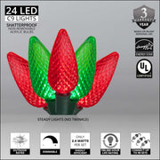 24 C9 Green, Red LED Christmas Lights, Green Wire, 8-inch Spacing