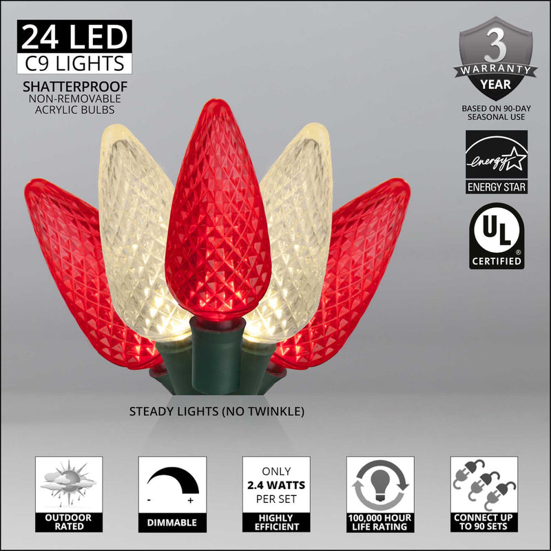 24 C9 Red, Warm White LED Christmas Lights, Green Wire, 8-inch Spacing