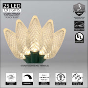 25 C9 Warm White LED Christmas Lights, Green Wire, 8-inch Spacing