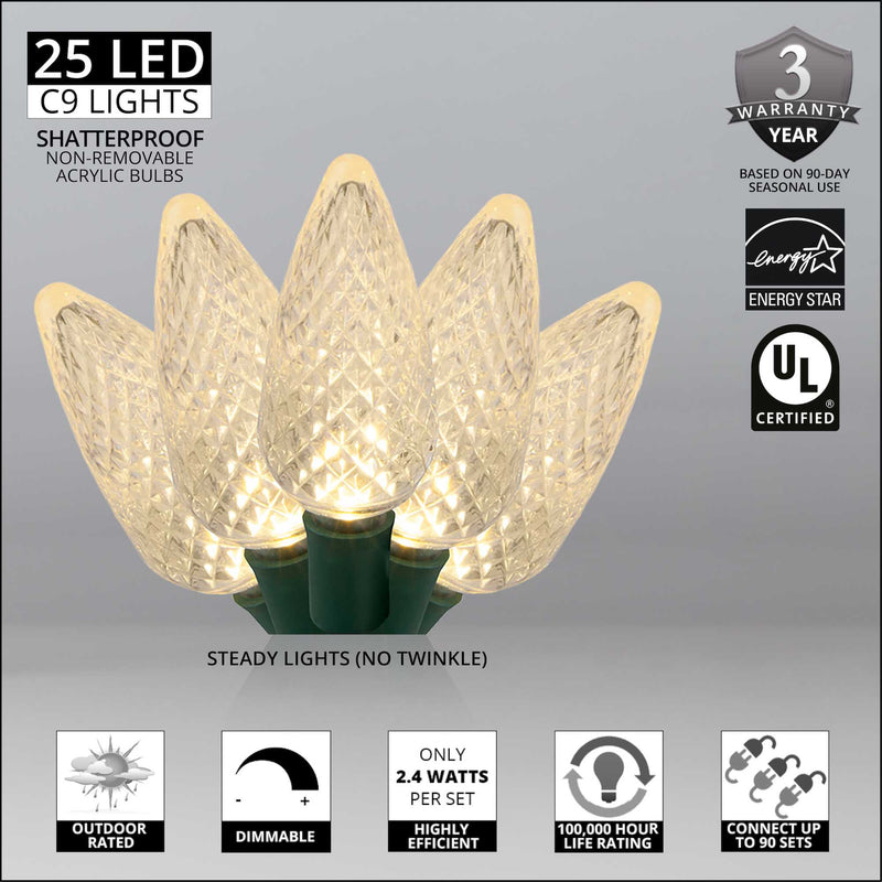 25 C9 Warm White LED Christmas Lights, Green Wire, 8-inch Spacing