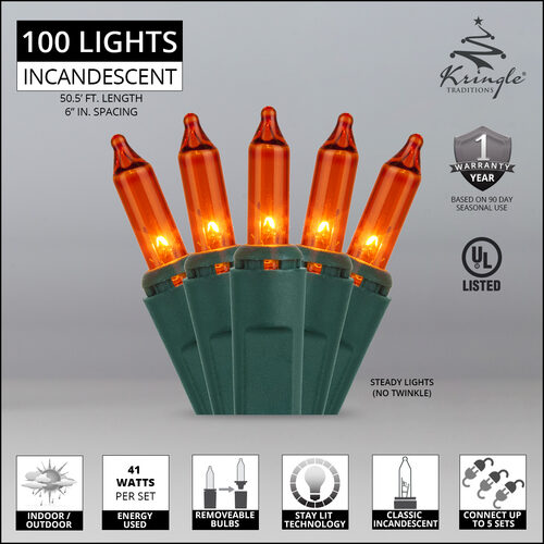 100 Amber / Orange Mini Lights, Green Wire, 6" Spacing