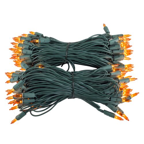 100 Amber / Orange Mini Lights, Green Wire, 6" Spacing