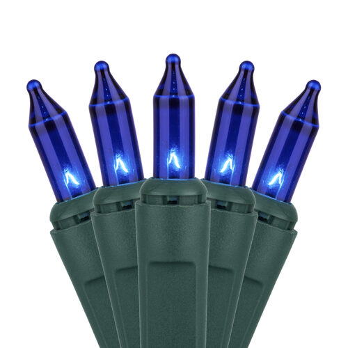 100 Blue Mini Lights, Green Wire, 6" Spacing