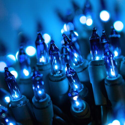 100 Blue Mini Lights, Green Wire, 6" Spacing