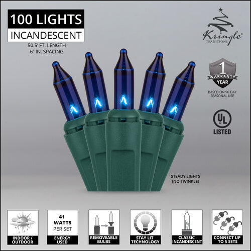 100 Blue Mini Lights, Green Wire, 6" Spacing