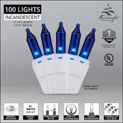 100 Blue Mini Lights, White Wire, 2.5" Spacing