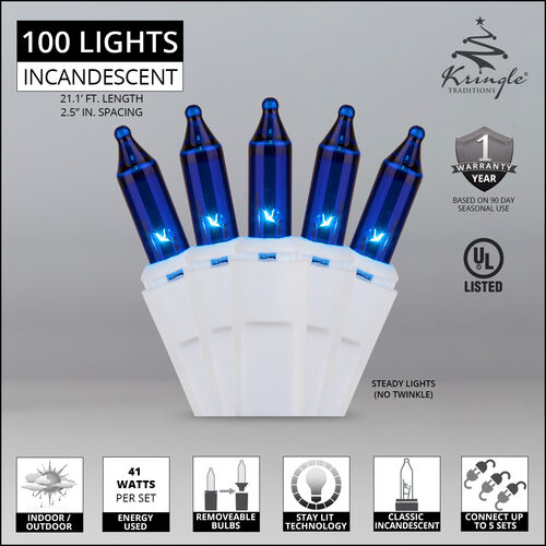 100 Blue Mini Lights, White Wire, 2.5" Spacing