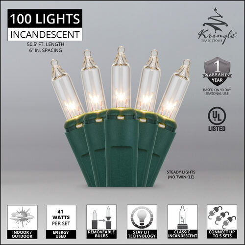 100 Clear Mini Lights, Green Wire, 6" Spacing