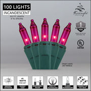100 Pink Mini Lights, Green Wire, 6" Spacing