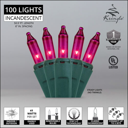 100 Pink Mini Lights, Green Wire, 6" Spacing