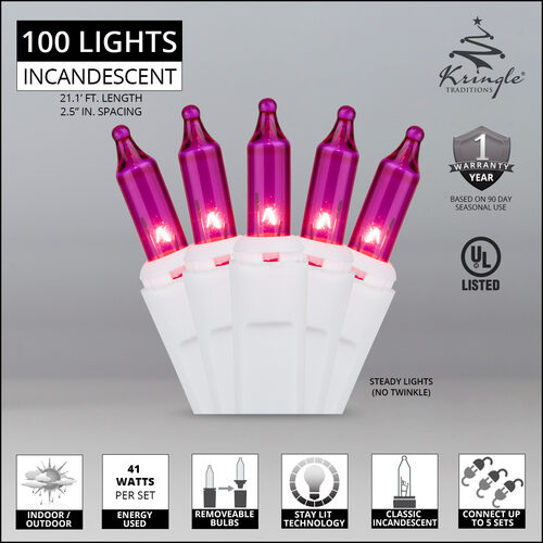 100 Pink Mini Lights, White Wire, 2.5" Spacing