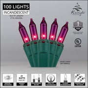 100 Purple Mini Lights, Green Wire, 6" Spacing