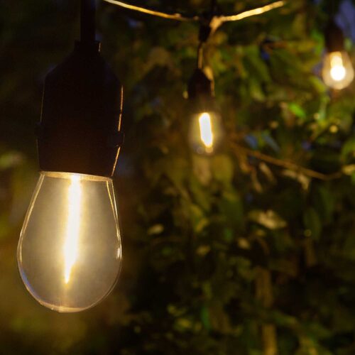 Warm White Straight Filament Shatterproof LED Patio String Light Set with S14 Bulbs on Black Wire, with Drops