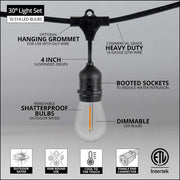 Warm White Straight Filament Shatterproof LED Patio String Light Set with S14 Bulbs on Black Wire, with Drops