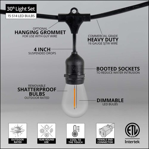 Warm White Straight Filament Shatterproof LED Patio String Light Set with S14 Bulbs on Black Wire, with Drops