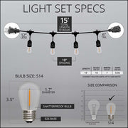Warm White Straight Filament Shatterproof LED Patio String Light Set with S14 Bulbs on Black Wire, with Drops