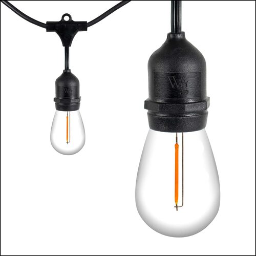 Warm White Straight Filament Shatterproof LED Patio String Light Set with S14 Bulbs on Black Wire, with Drops