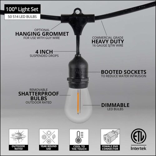 Warm White Straight Filament Shatterproof LED Patio String Light Set with S14 Bulbs on Black Wire, with Drops