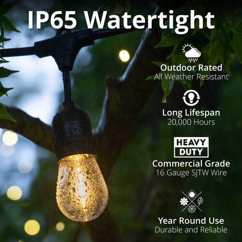 Warm White Straight Filament Shatterproof LED Patio String Light Set with S14 Bulbs on Black Wire, with Drops