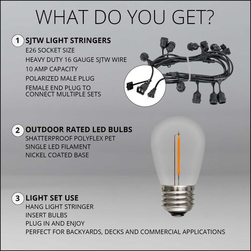 Warm White Straight Filament Shatterproof LED Patio String Light Set with S14 Bulbs on Black Wire, with Drops