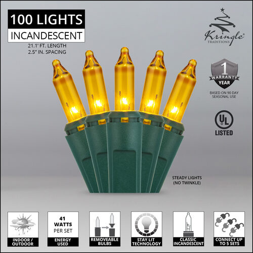 100 Yellow Mini Lights, Green Wire, 2.5" Spacing