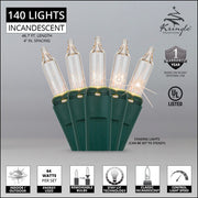 140 Clear Chasing Lights, Green Wire, 4" Spacing