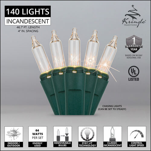 140 Clear Chasing Lights, Green Wire, 4" Spacing